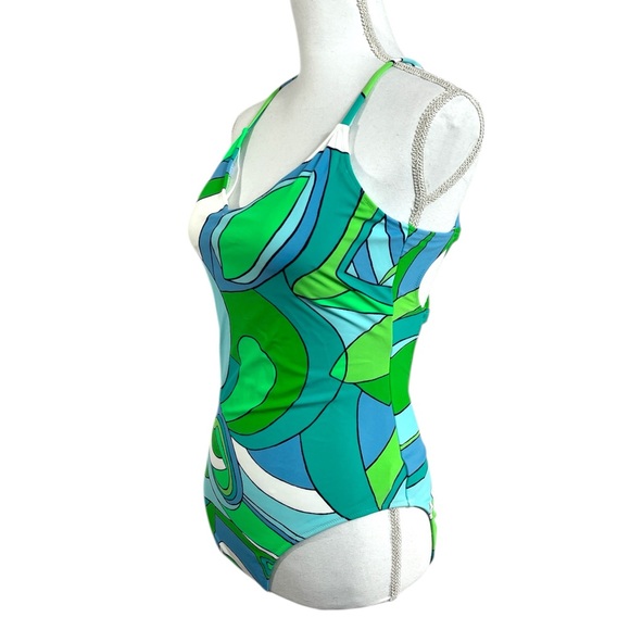 NWT Aerie one-piece swimsuit vibrant abstract wave pattern blue green Size Med. - Picture 3 of 4